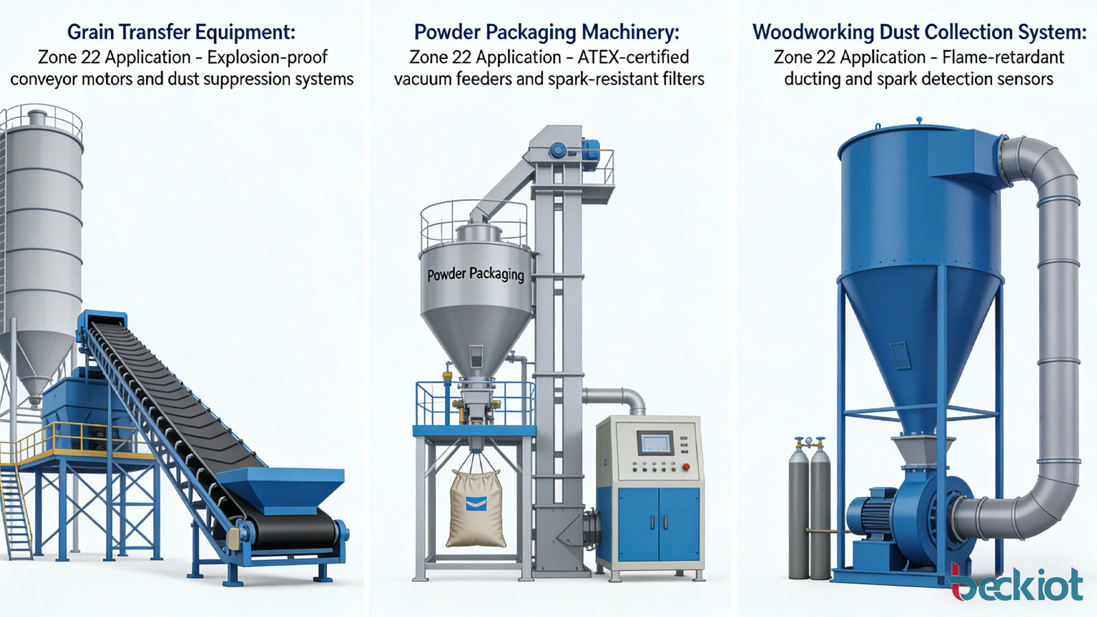 Industrial examples of Zone 22 applications around grain transfer equipment, powder packaging machinery, and woodworking dust collection systems.