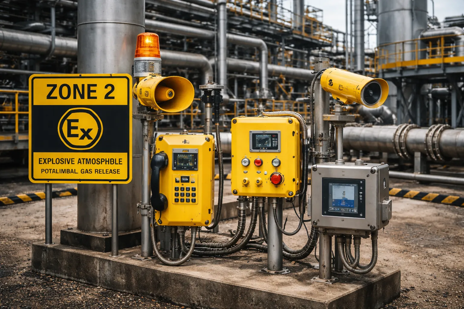 Close-up of hazardous area equipment marking showing Group II, Category 3G, gas group, temperature class, and EPL Gc for Zone 2 service