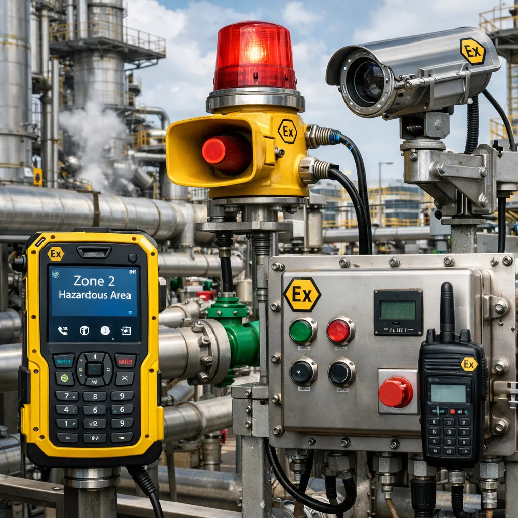 Hazardous area communication and electrical equipment deployed in a Zone 2 oil, gas, or chemical processing environment with outdoor exposure and process piping
