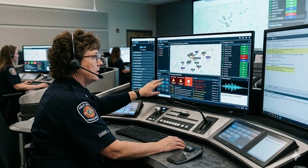 Multi-functional dispatch console with real-time extension status, voice control, paging, and emergency coordination interface for mission-critical communication