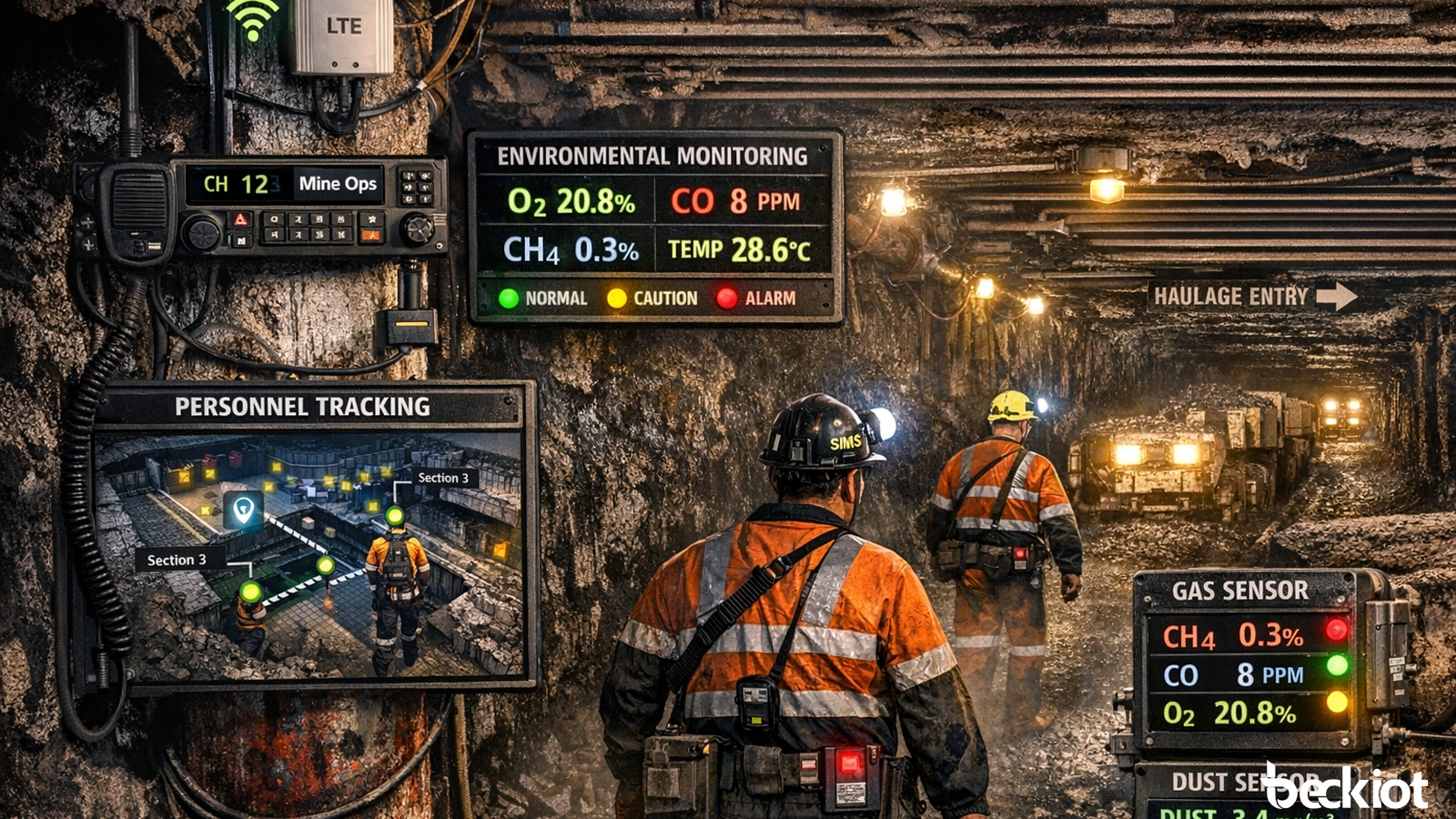 Underground coal mine mobile radio, personnel tracking, and atmospheric monitoring integration across production sections and haulage entries