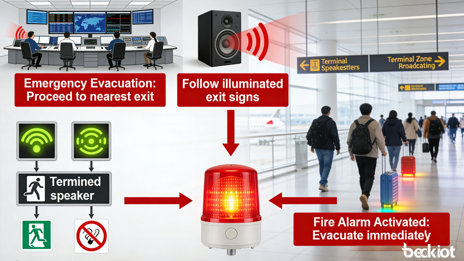 Airport emergency evacuation broadcast with control room command, terminal zone speakers, passenger movement guidance, and linked fire alarm response