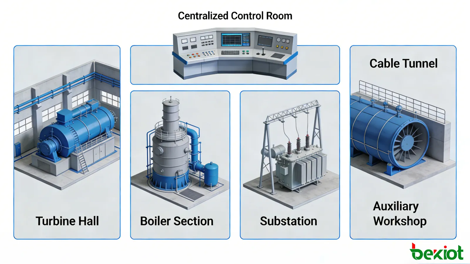 Power plant zoned paging across turbine hall, boiler section, substation, cable tunnel, and auxiliary workshop with centralized control room operation