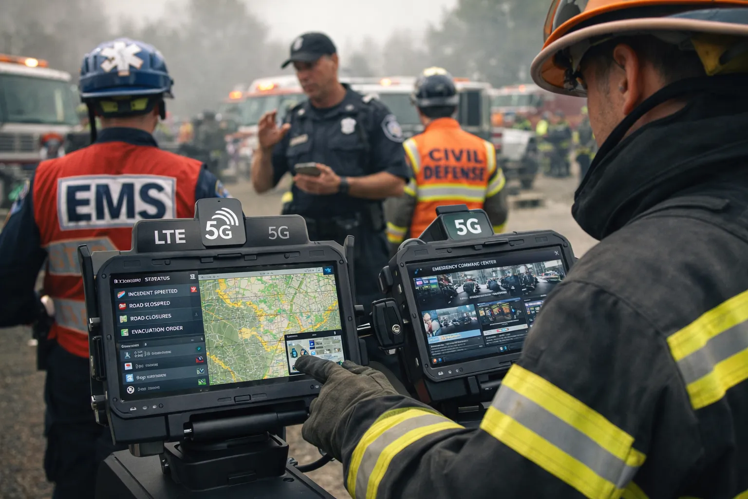 Field emergency responders using LTE and 5G connected communication terminals with command coordination support