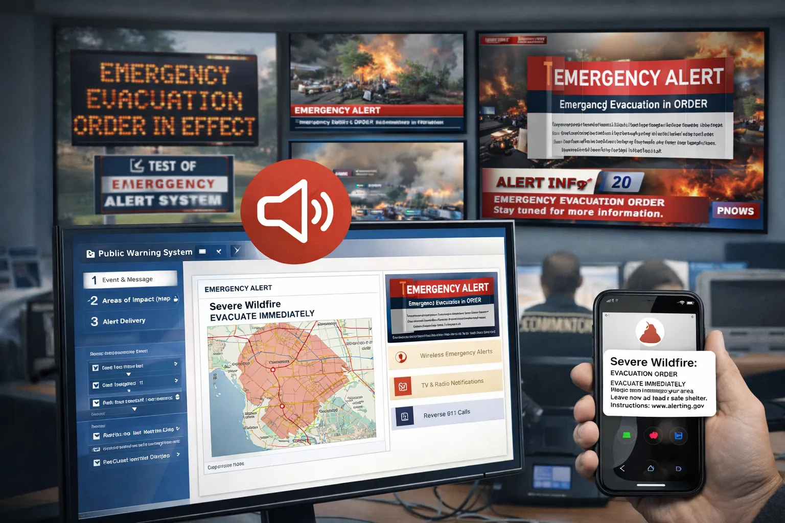 Public warning system with emergency broadcast, IPAWS-aligned alerting workflow, and Reverse 911 citizen notification