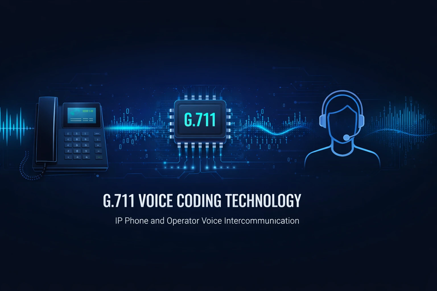 A technical illustration showing analog speech converted into PCM samples, compressed with A-law or mu-law, packetized into RTP, and sent as G.711 media across an IP network.