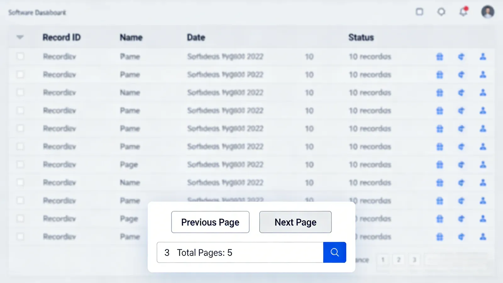 Software dashboard using pagination controls to divide long lists of records into multiple pages for easier browsing and management