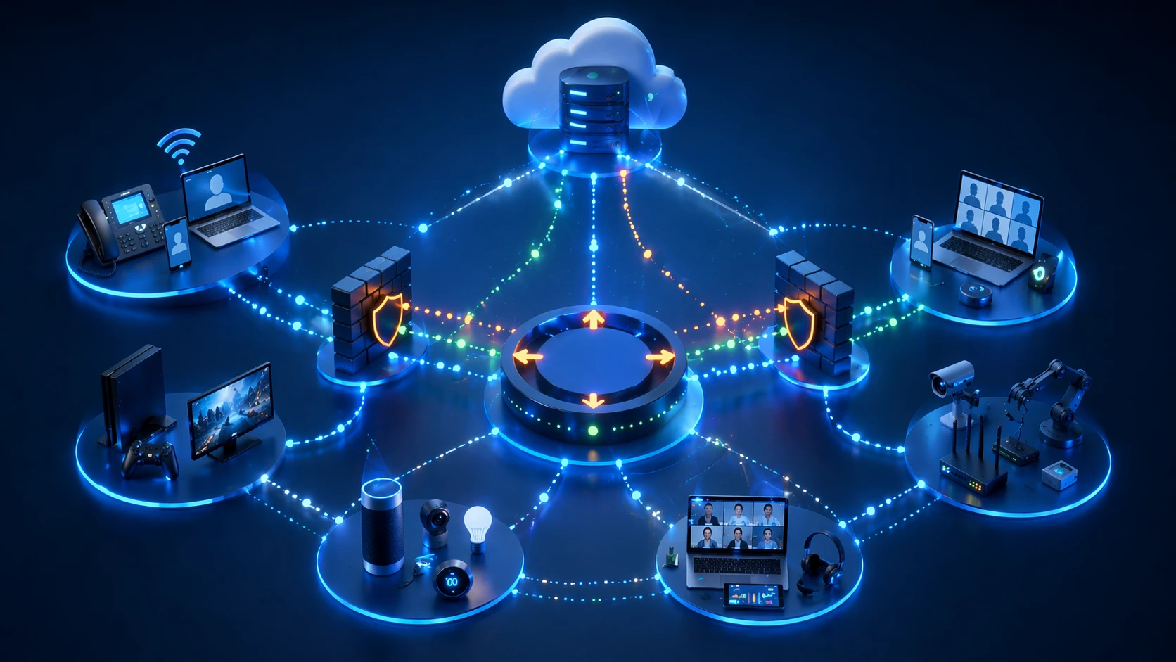 Illustration showing NAT traversal used in VoIP, WebRTC meetings, online gaming, and remote edge device communication Illustration showing NAT traversal used in VoIP, WebRTC meetings, online gaming, and remote edge device communication