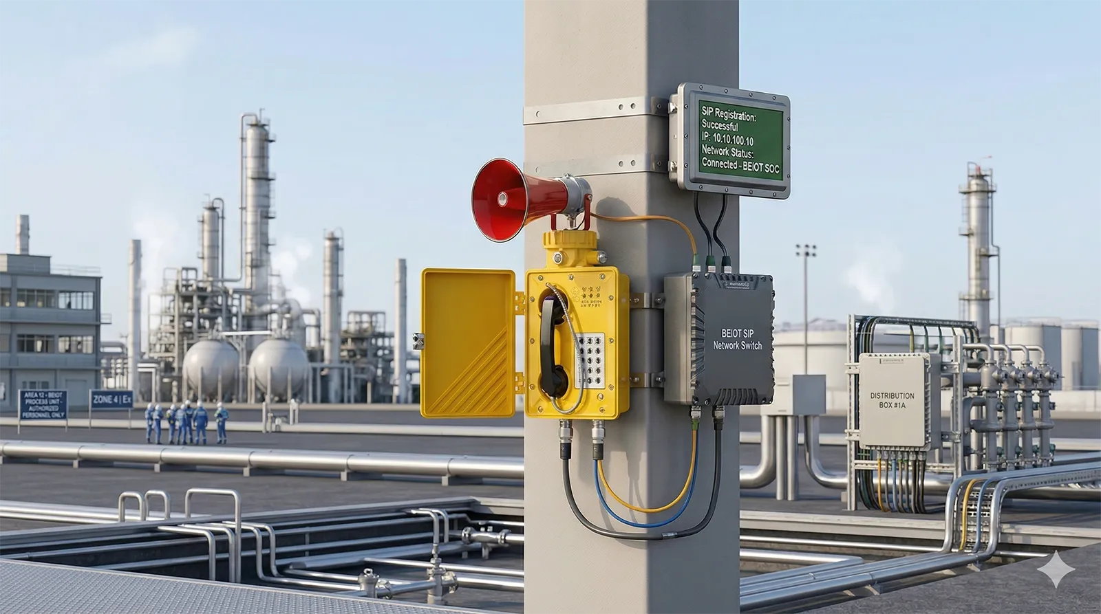 Explosion-proof SIP telephone connected to an industrial IP communication network