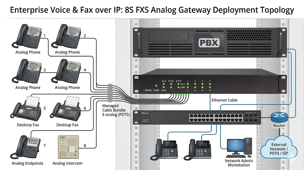 8S Analog Gateway deployed with analog phones fax machines and IP PBX