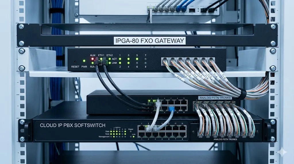 IPGA-80 FXO Gateway connected with IP PBX softswitch and analog trunk lines