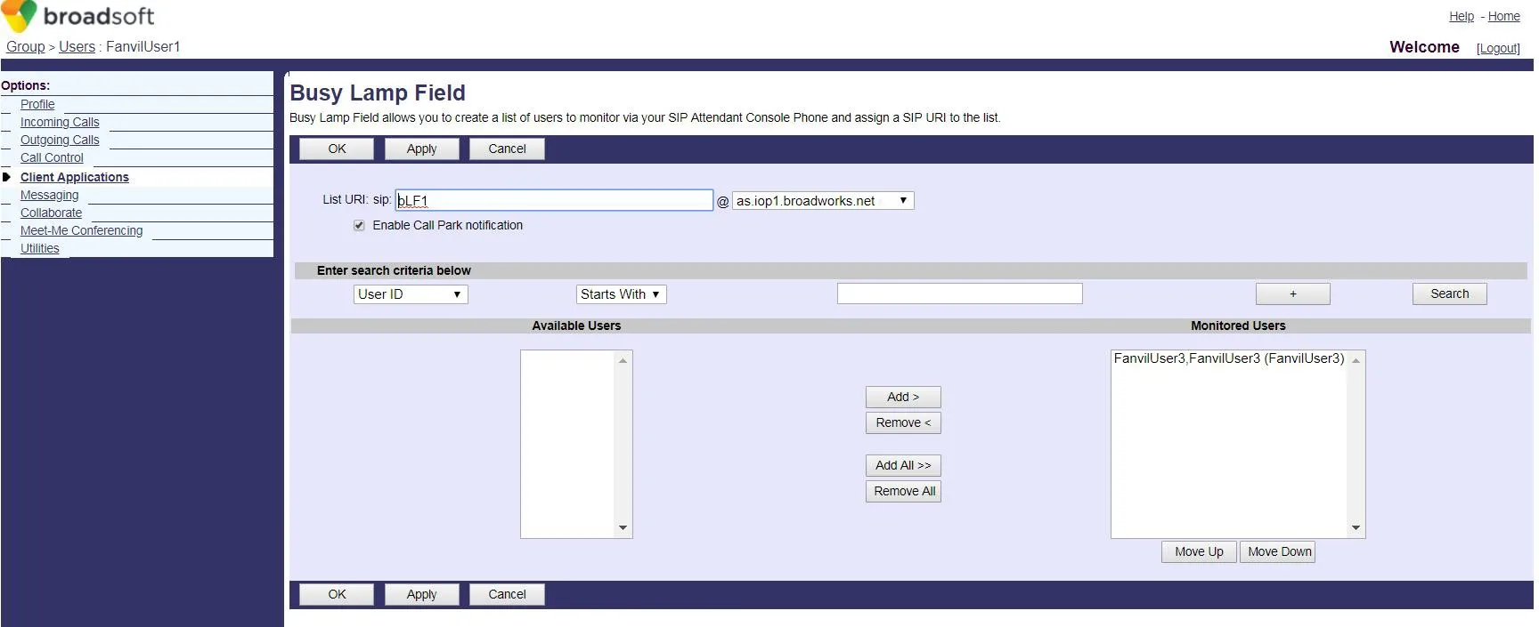 BLF List Configuration Page