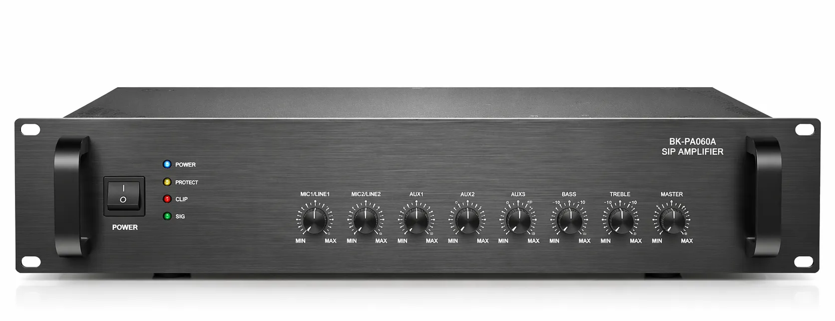 Front view of BK-PA060A SIP Amplifier in a 19-inch rack-mounted installation