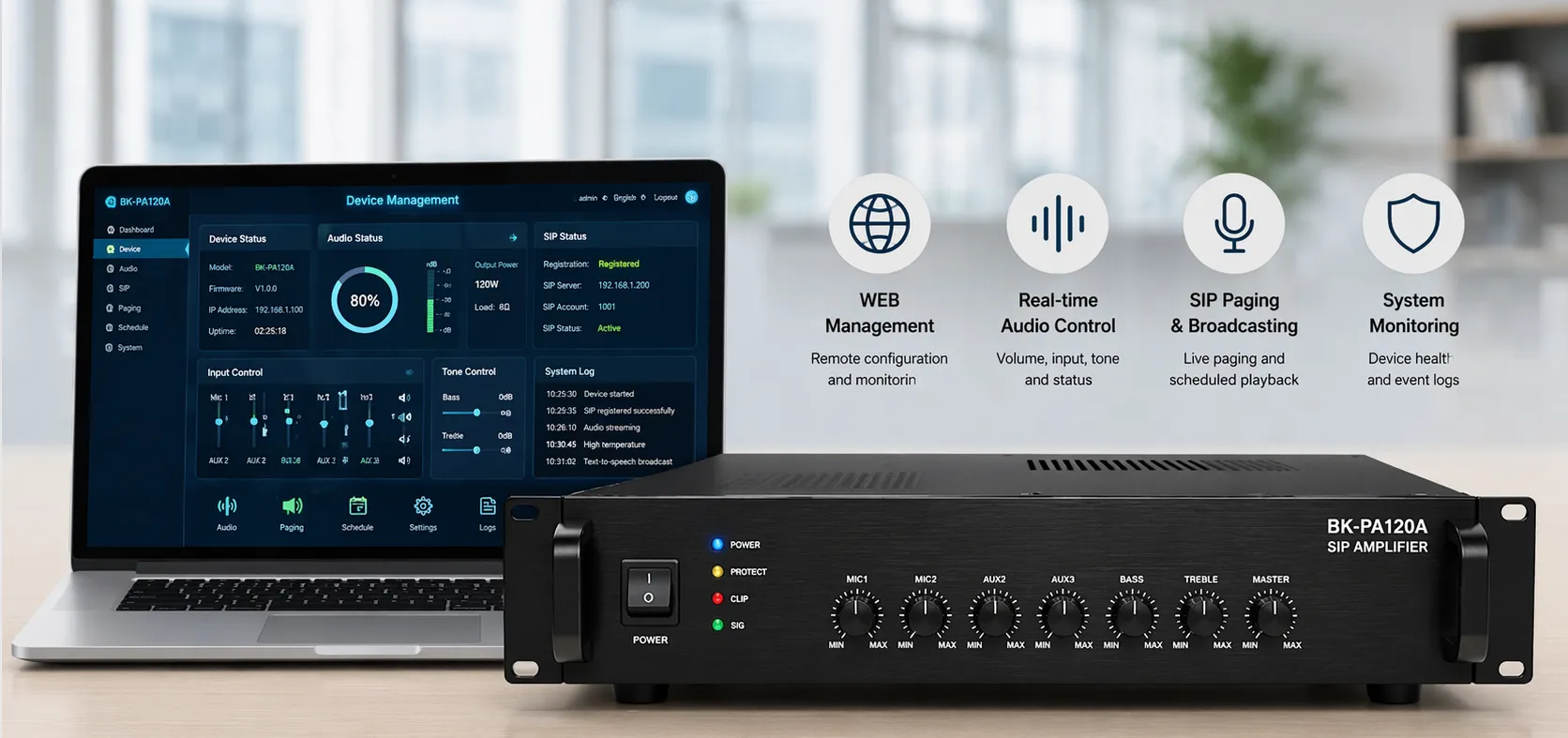 BK-PA120A SIP Amplifier with WEB management interface for network audio configuration and monitoring