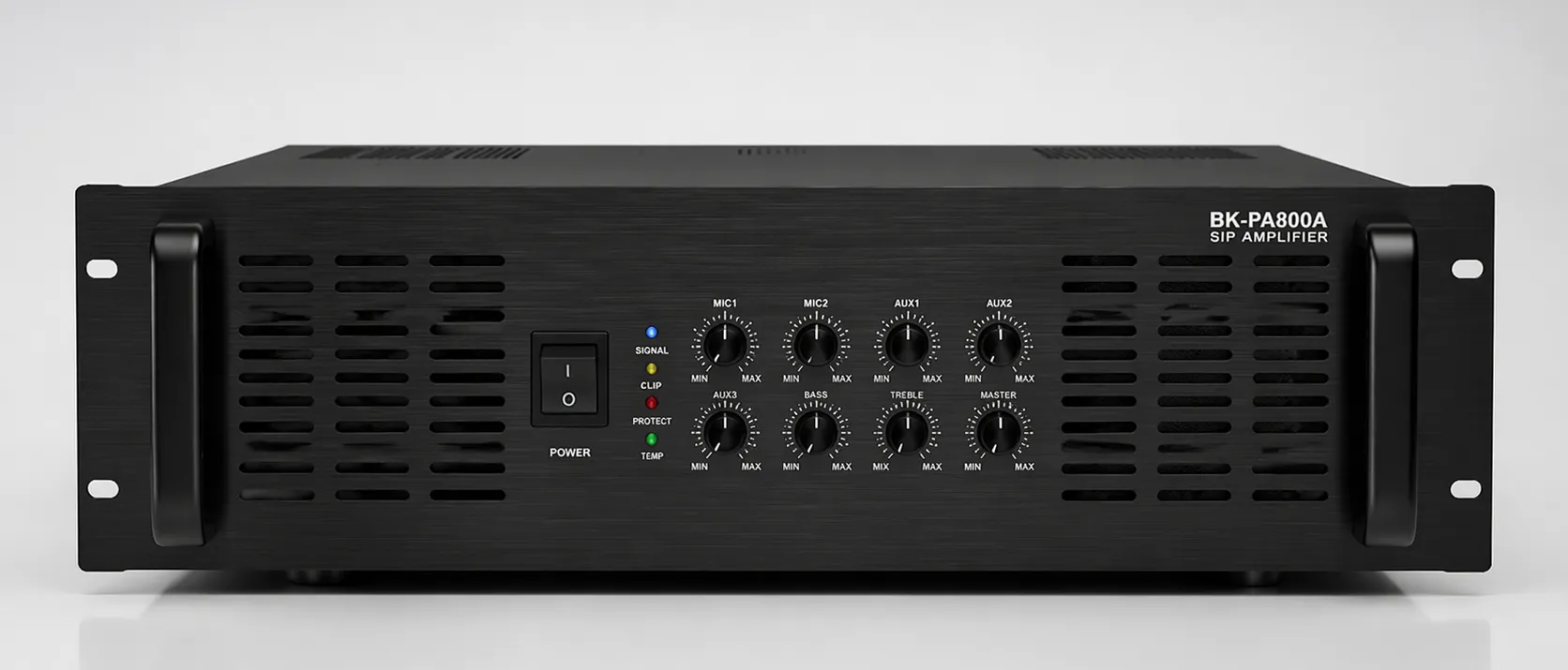 Front view of BK-PA800A SIP Amplifier in a high-power rack-mounted installation