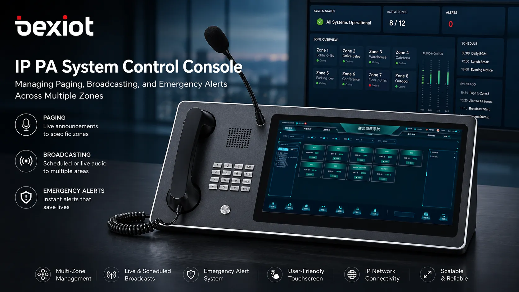 IP PA system control console managing paging, broadcasting, and emergency alerts across multiple zones