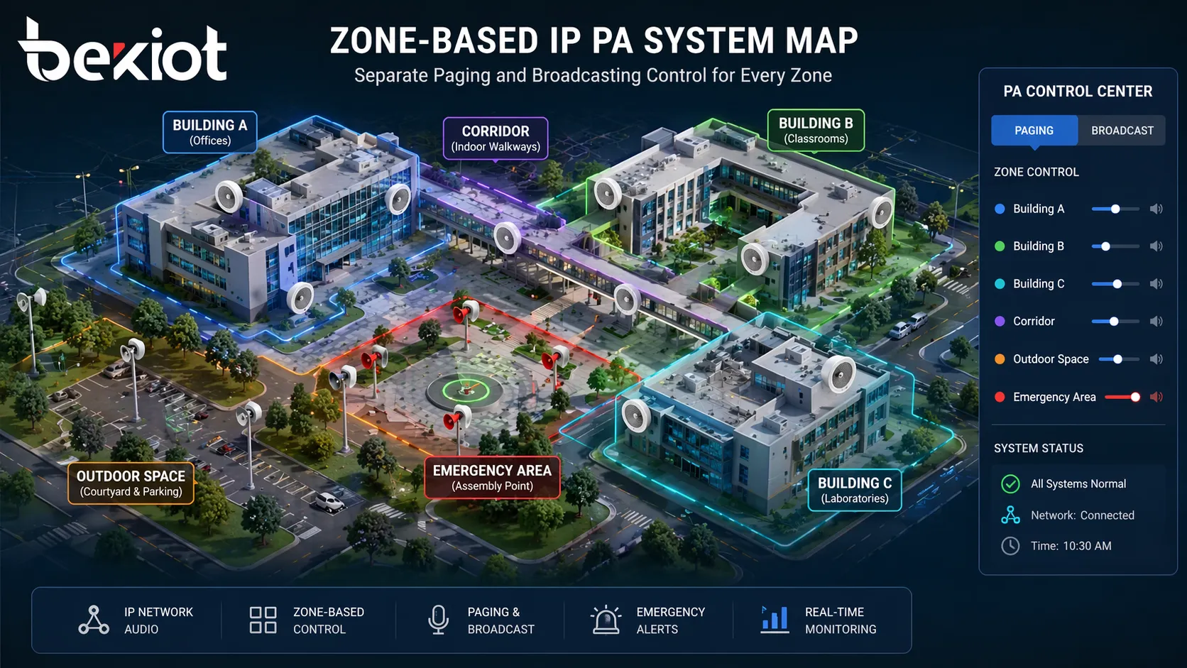 Zone-based IP PA system map showing separate paging and broadcasting control for buildings, corridors, outdoor spaces, and emergency areas