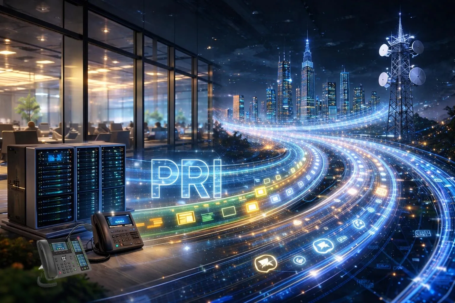 Primary Rate Interface connecting an enterprise PBX to a carrier network over a digital trunk with multiple voice channels and a dedicated signaling channel