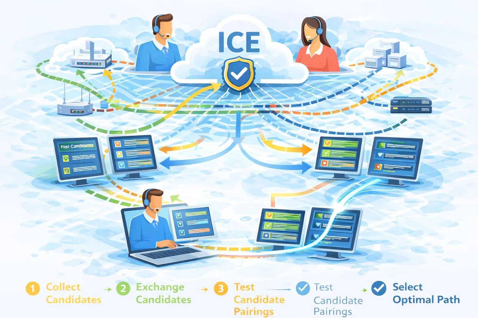 ICE candidate gathering, exchange, connectivity checks, and nomination across host, server reflexive, and relay candidates