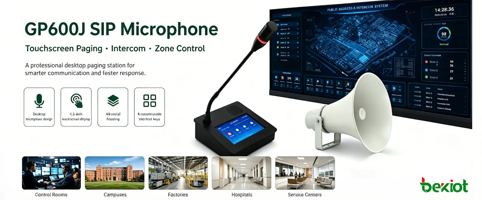 GP600J SIP microphone used in a command center for touchscreen paging and intercom operation