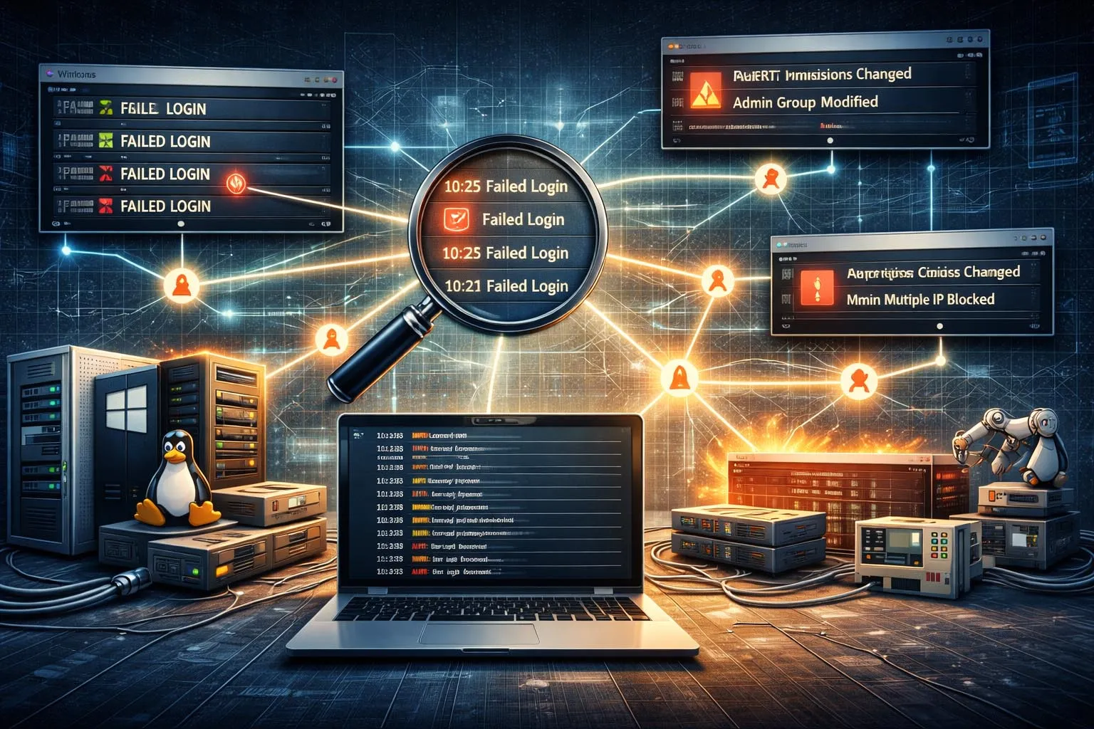 Security and operations teams reviewing correlated event logs from servers endpoints firewalls and applications to identify failures anomalies and suspicious behavior