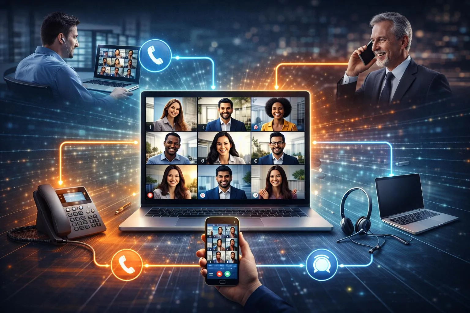 Conference calling workflow showing multiple participants joining the same shared session through desk phones, soft clients, and dial-in numbers