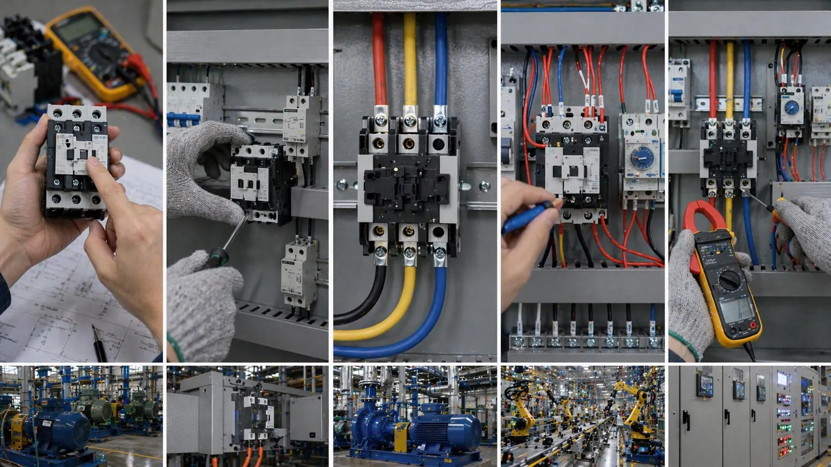 AC contactor installation steps showing equipment mounting main power wiring control circuit wiring inspection and commissioning in a motor starter panel
