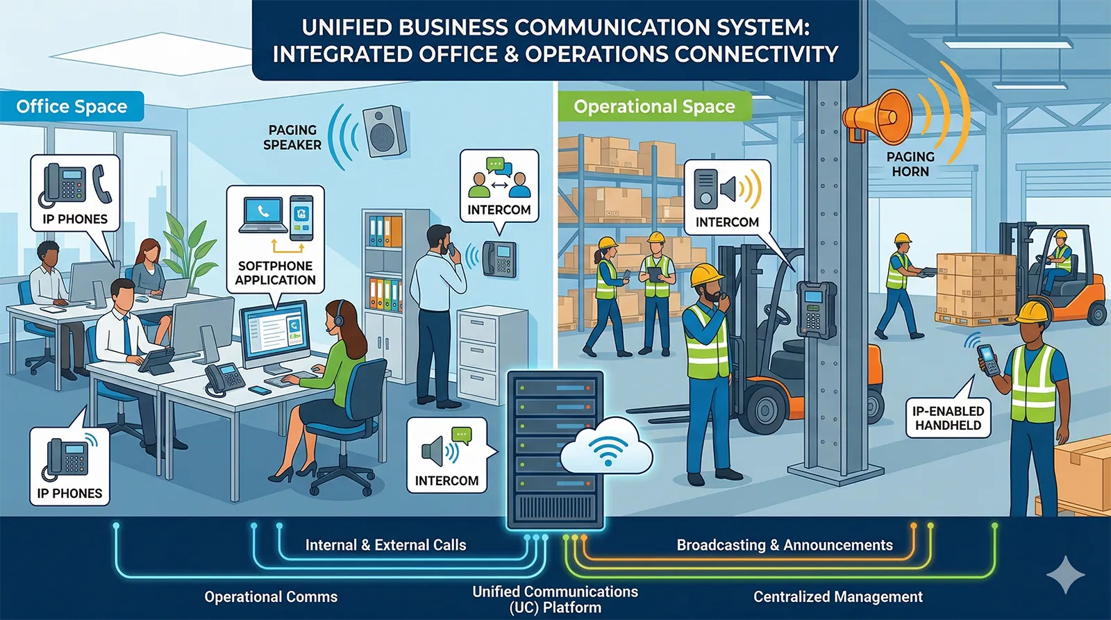 Business communication system combining IP phones, softphones, paging, and intercom across office and operational spaces