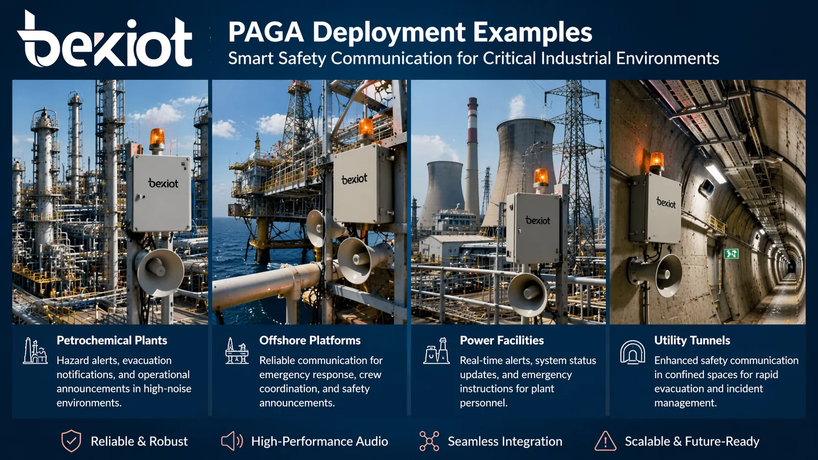 PAGA deployment examples in petrochemical plants, offshore platforms, power facilities, and utility tunnels