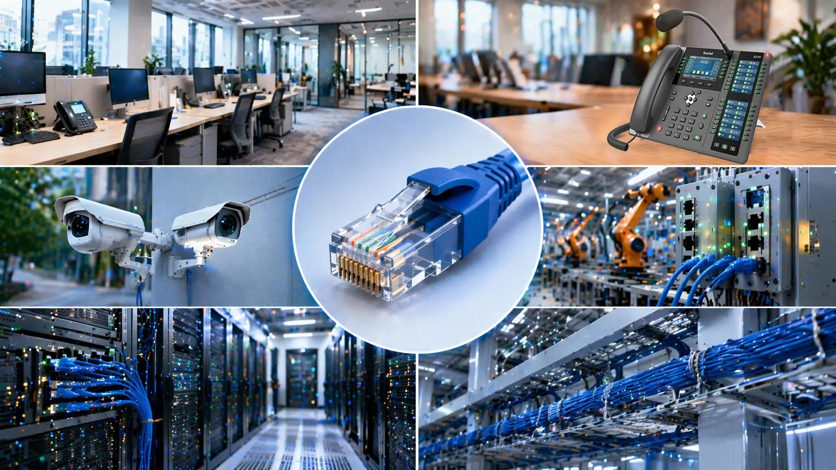 Ethernet cable with RJ45 connector connected to office networking equipment Ethernet cable with RJ45 connector connected to office networking equipment