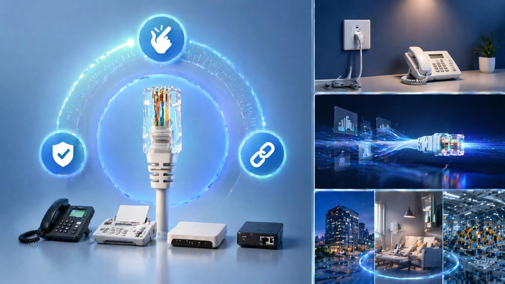RJ11 analog telephone interface connected to a voice gateway in a hybrid communication system RJ11 analog telephone interface connected to a voice gateway in a hybrid communication system