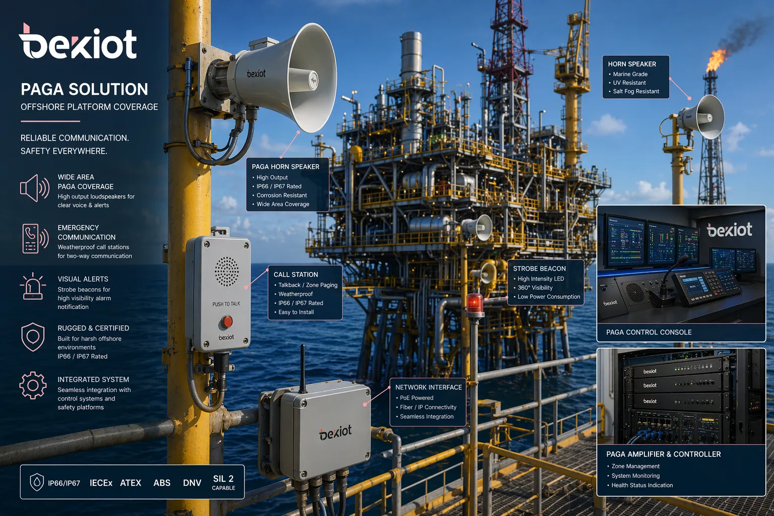 PAGA loudspeakers and emergency communication devices deployed across an offshore industrial platform