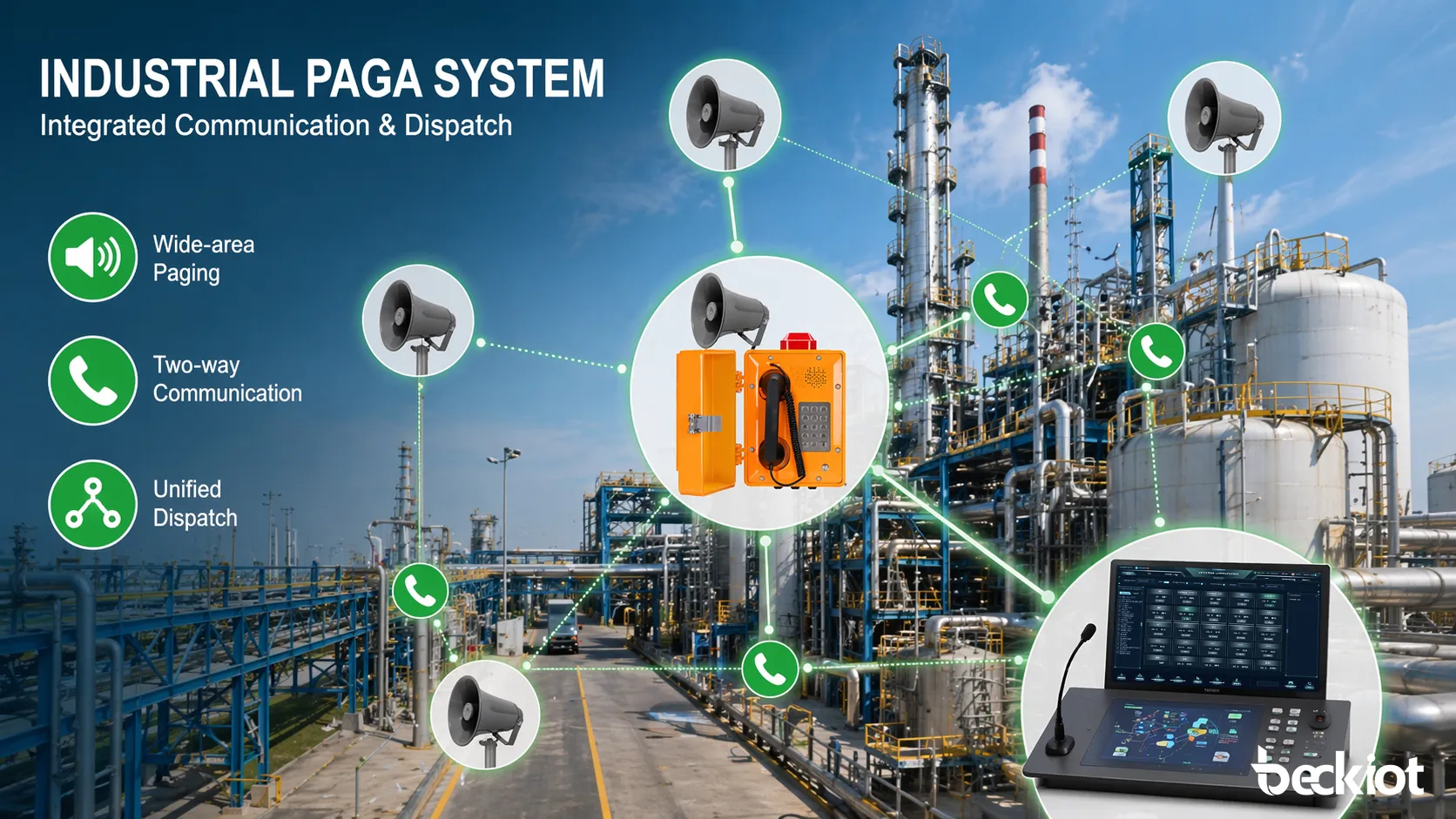 Industrial PAGA system across a plant with loudspeakers, telephony, and dispatch integration
