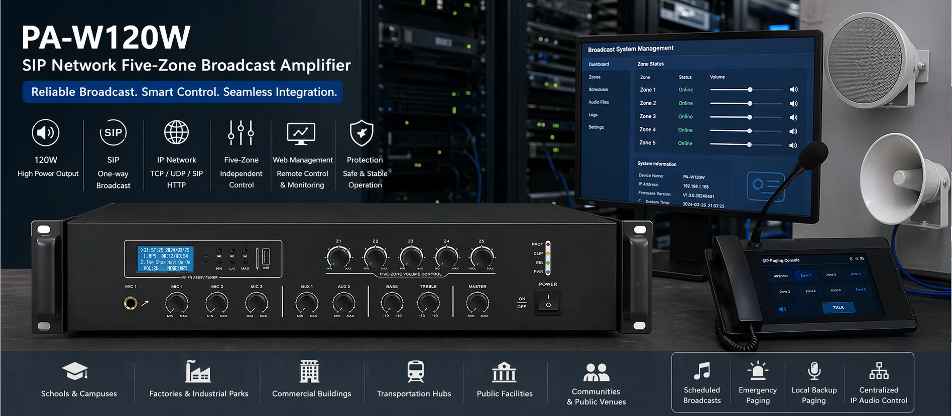 PA-W120W SIP network five-zone broadcast amplifier installed in a professional IP audio equipment environment