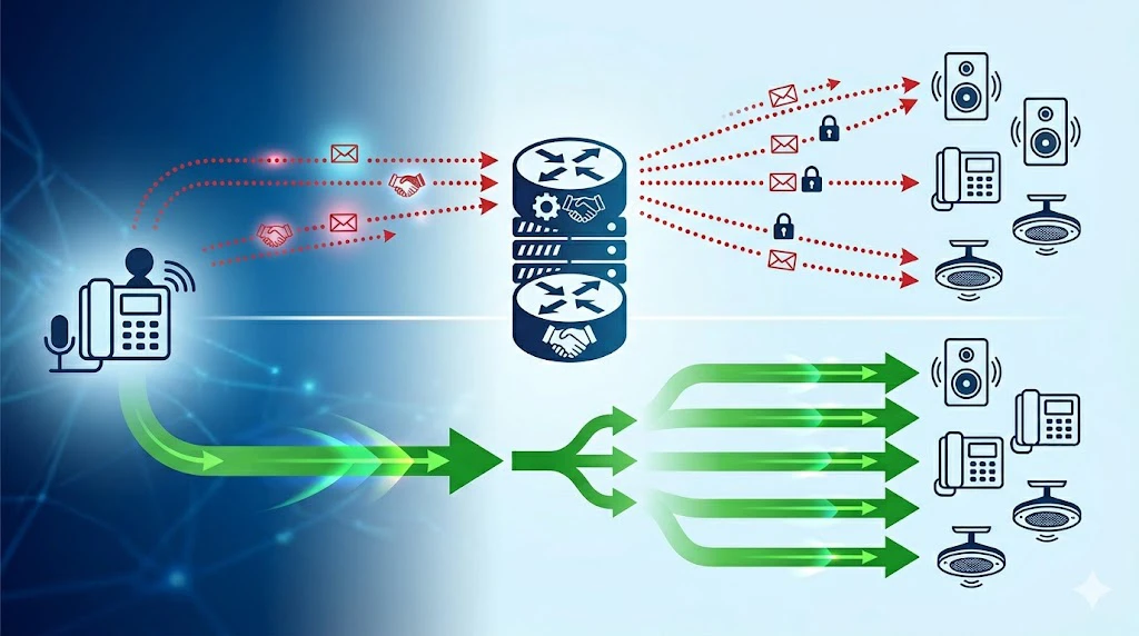 SIP multicast paging principle showing SIP control and multicast audio distribution to multiple endpoints