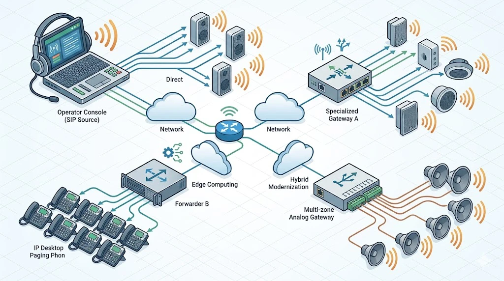 SIP multicast paging deployment with PBX, forwarding device, multicast addresses, and zone speakers