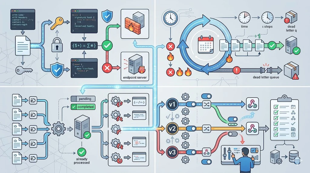 Webhook security and reliability design showing signature validation, retry handling, event logging, and idempotent processing