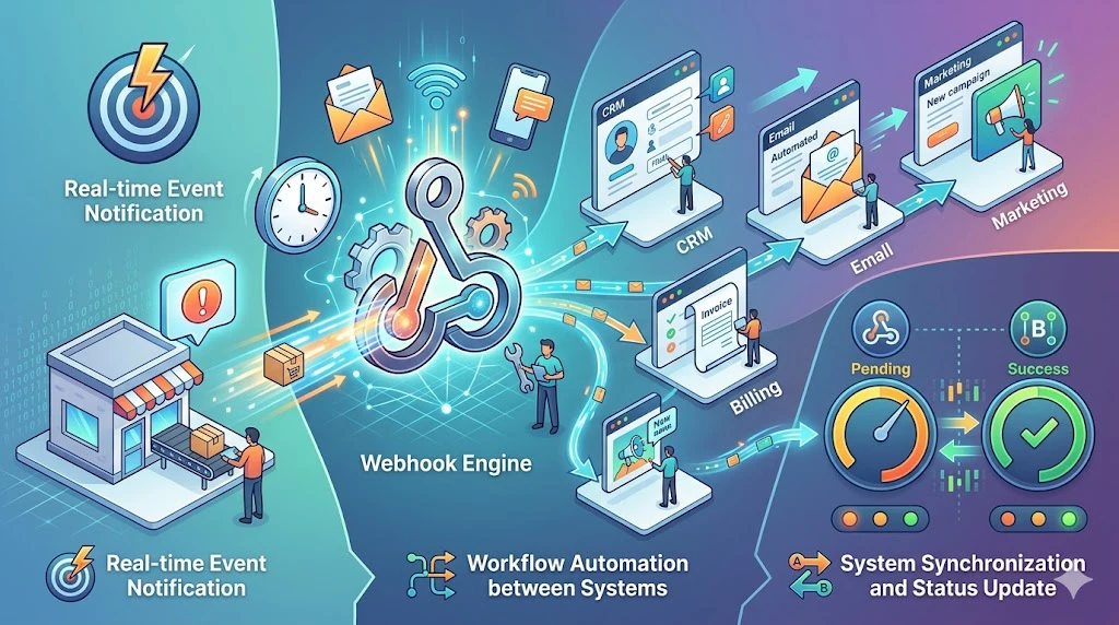 Webhook functions including event notification, workflow automation, and cross-system synchronization across cloud applications