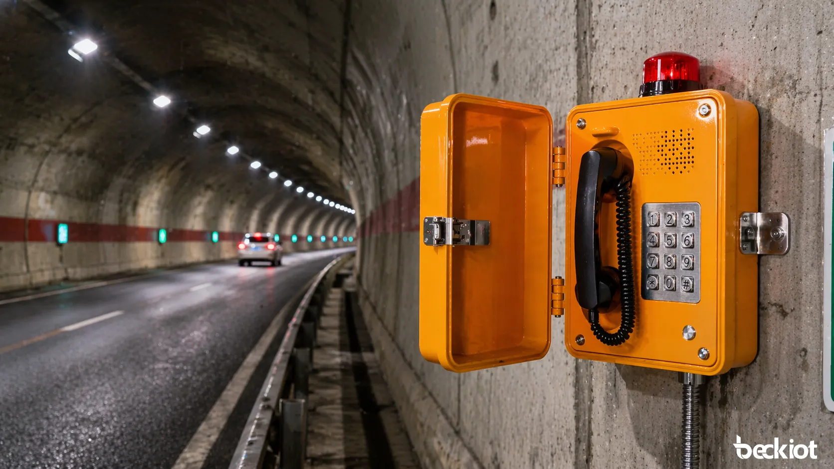 Weatherproof emergency telephone installed in a tunnel or roadside corridor for rapid assistance and control room communication