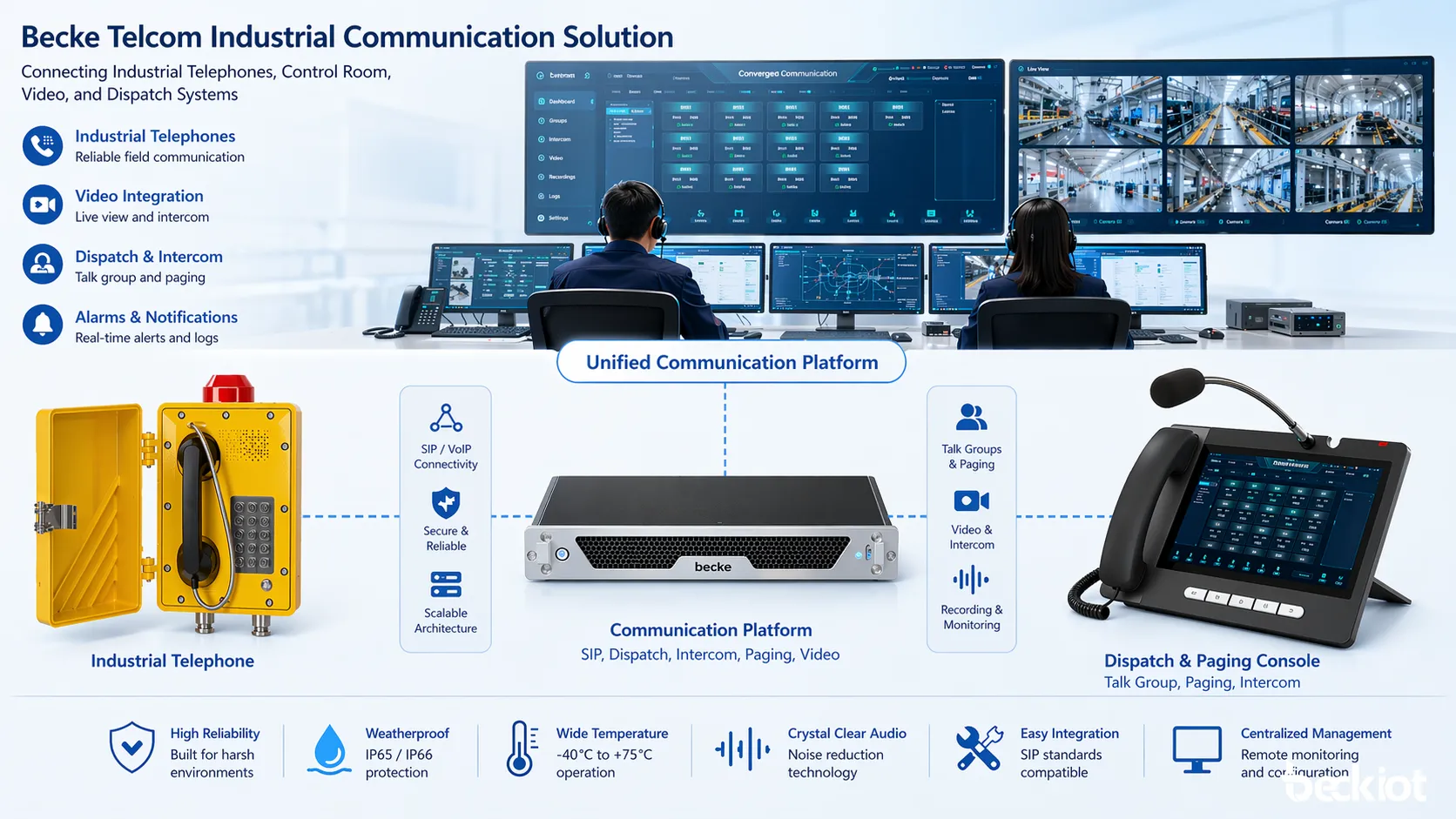 Becke Telcom industrial communication solution linking industrial telephones with control room, video, and dispatch systems