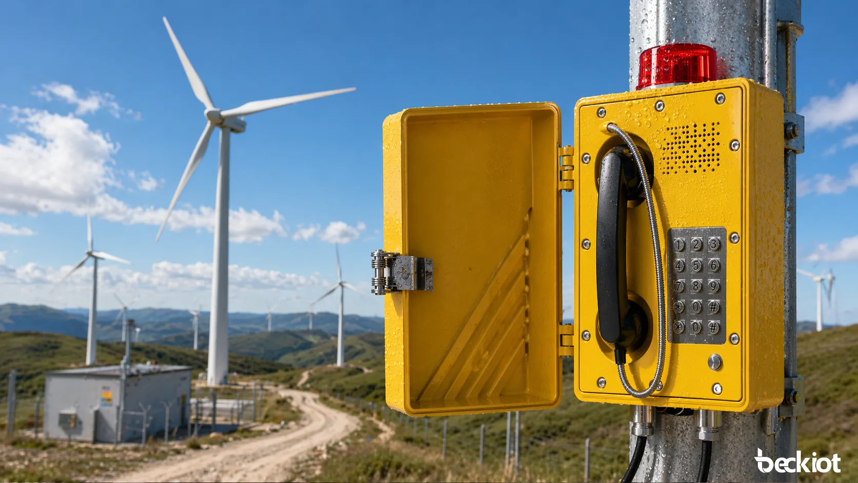 Becke Telcom industrial telephone used in a remote wind farm for field coordination and emergency communication