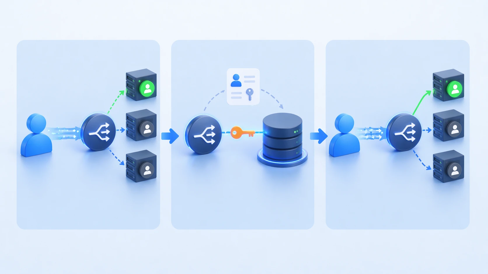Session persistence workflow showing a load balancer selecting a backend, storing an affinity key, and routing later requests from the same client to the same server