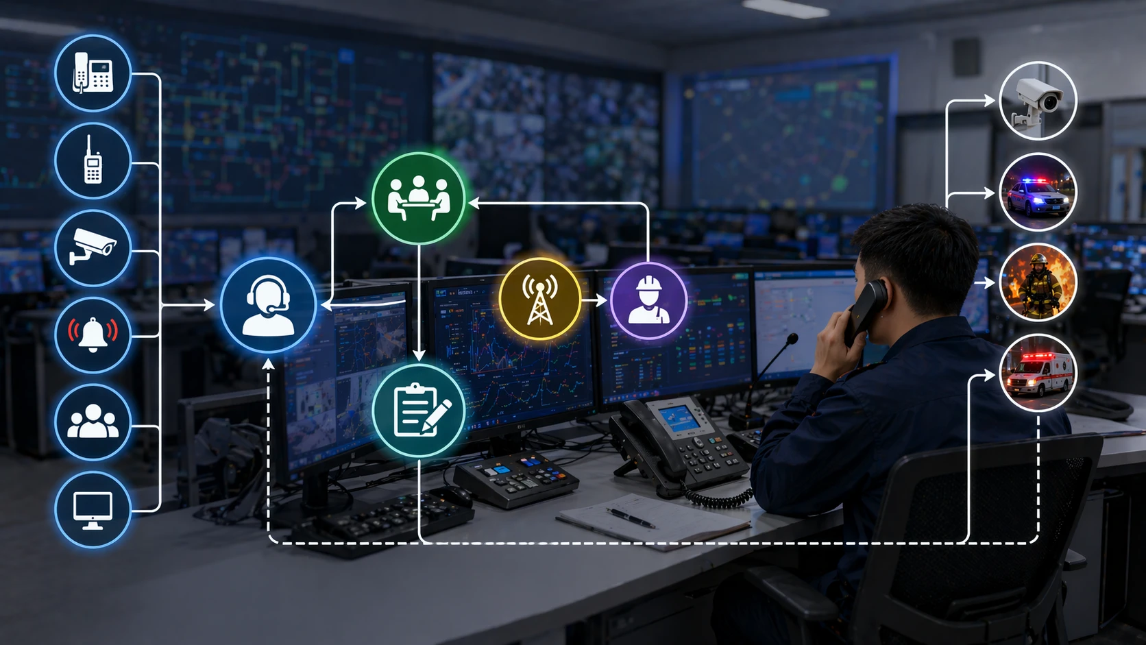 Duty room workflow showing alarm intake call handling incident review and coordination with field teams