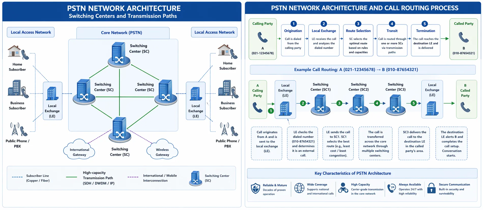 PSTN network architecture showing switching centers and transmission paths
