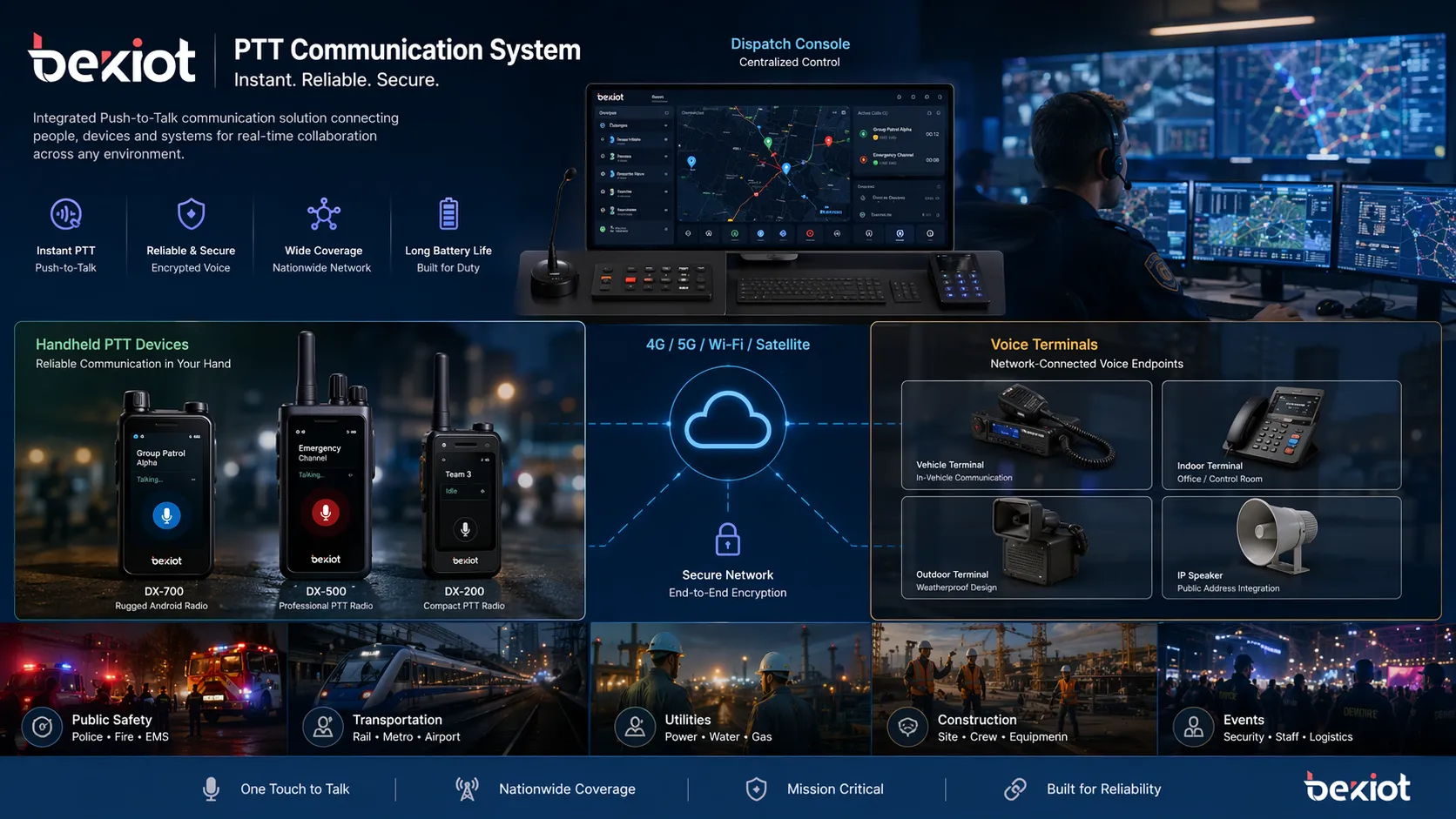 PTT communication system with handheld devices, dispatch console, and network-connected voice terminals in an operational environment