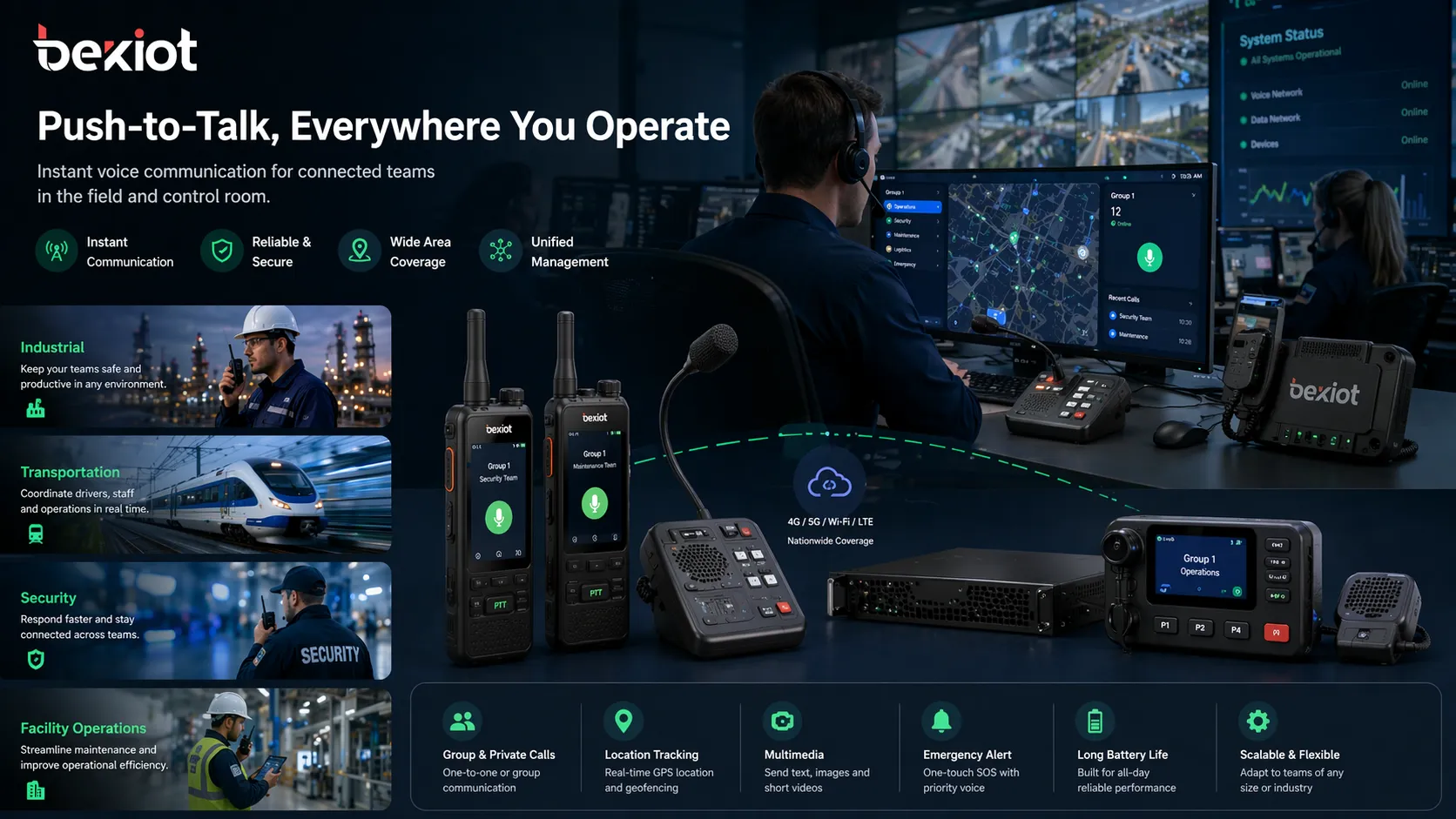 Push-to-Talk used in industrial, transportation, security, and facility operations with connected field teams and dispatch staff