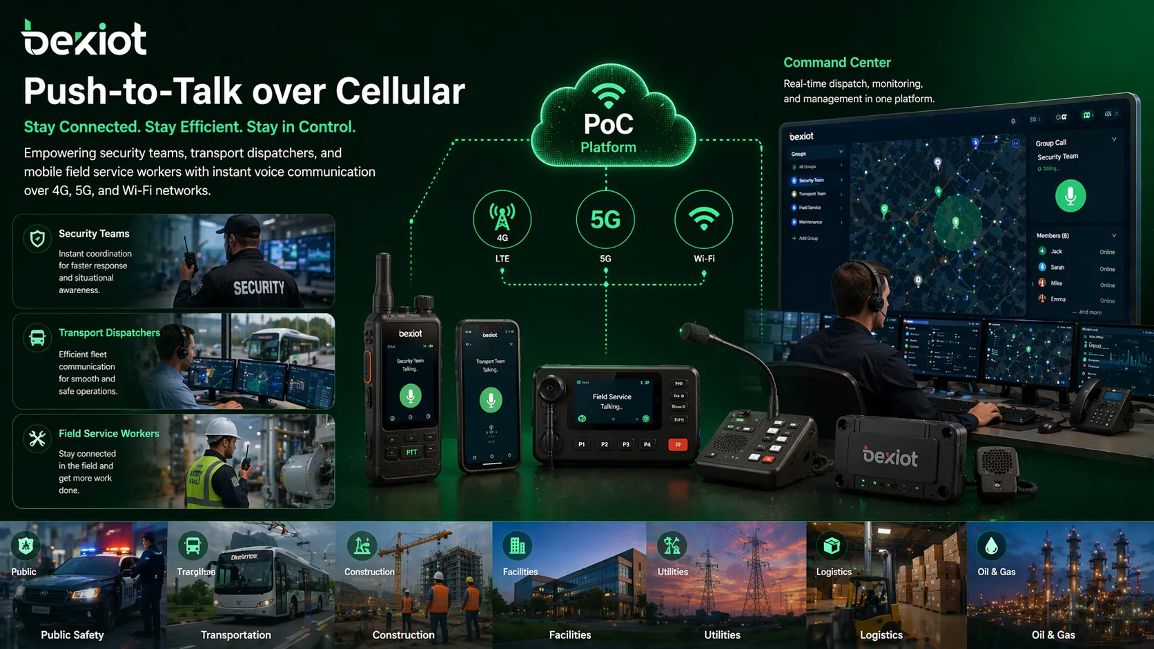 Push-to-Talk over Cellular used by security teams, transport dispatchers, and mobile field service workers across different operational environments