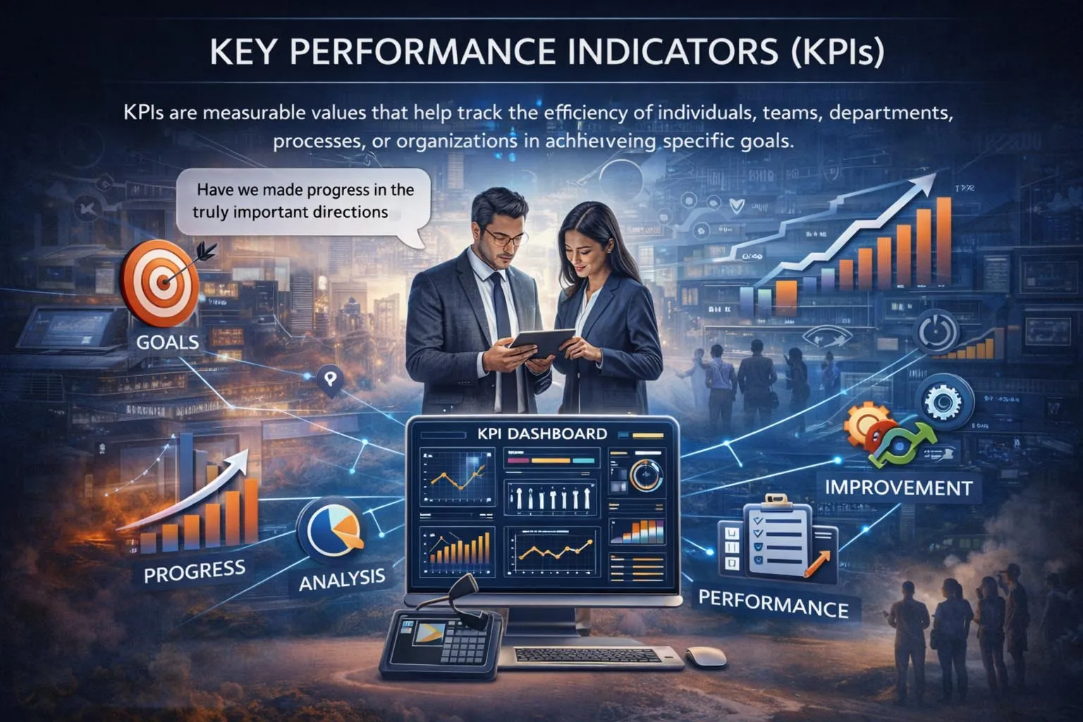 Business performance dashboard showing key performance indicators for operations, sales, service, and management analysis