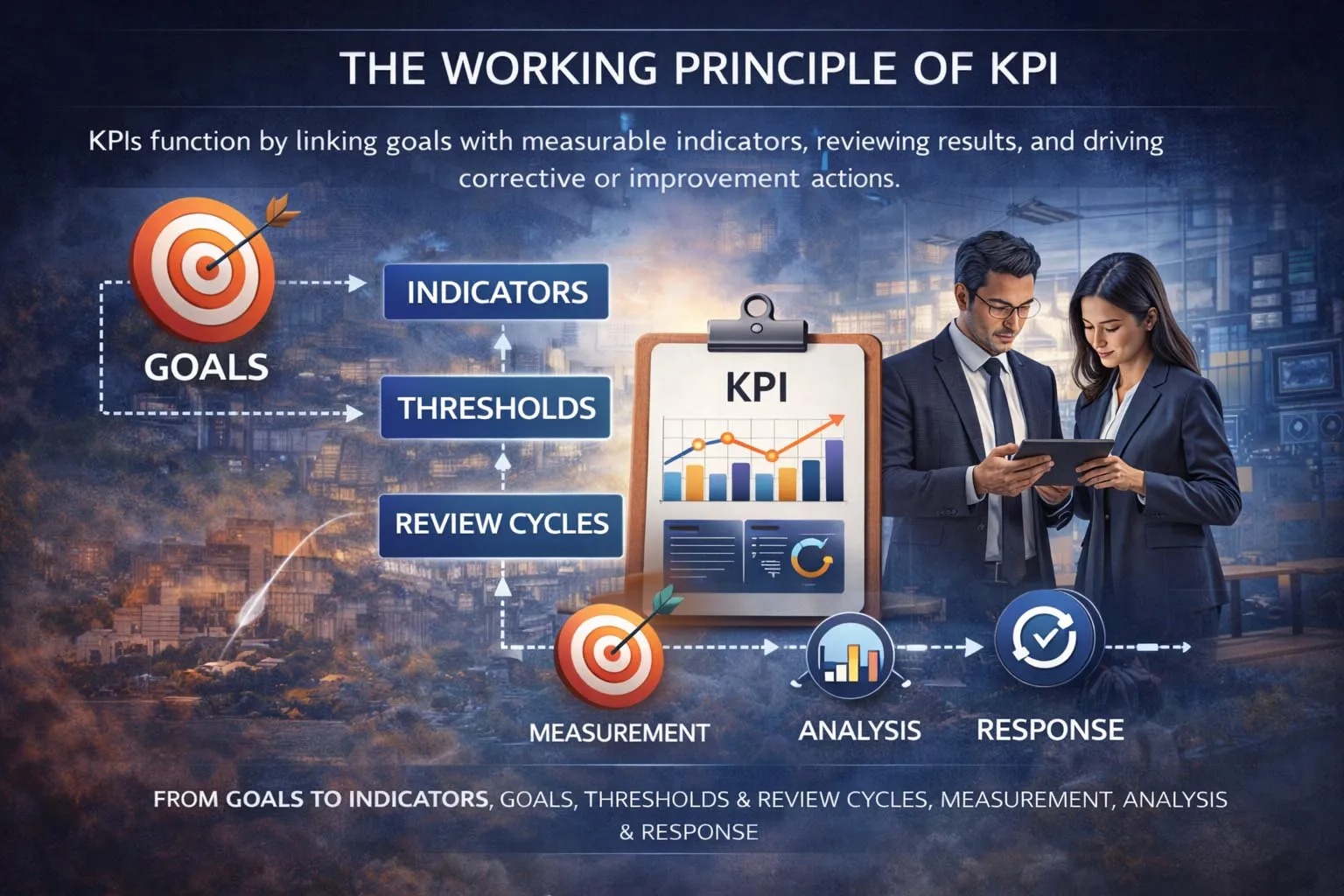 KPI process flow showing goals, indicators, targets, dashboard review, and management response