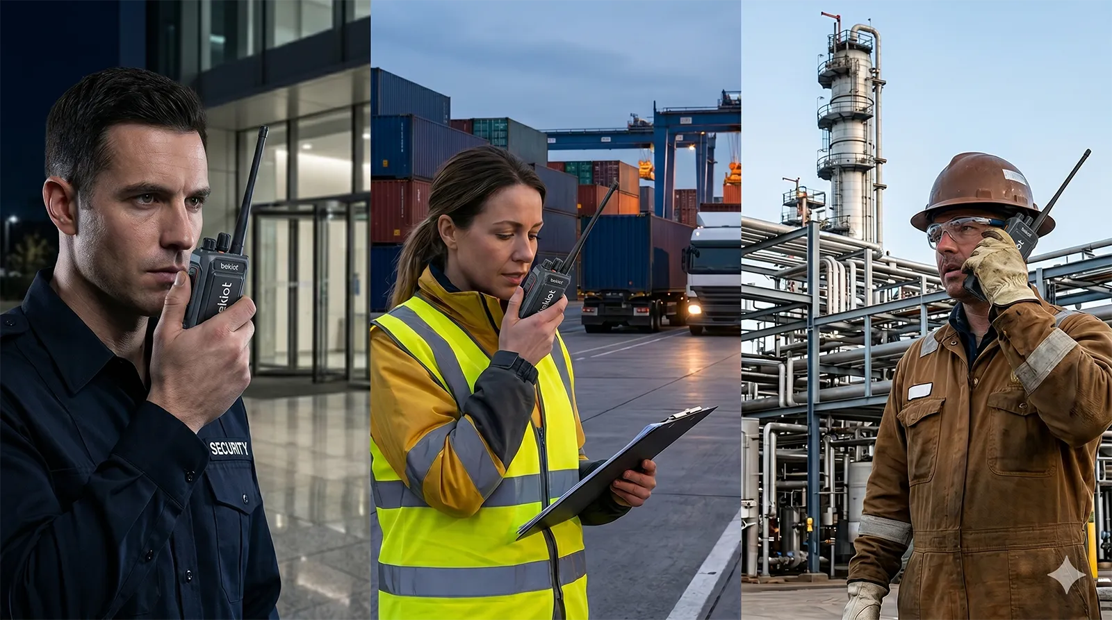 Becke Telcom Push to Talk handheld radios used by field teams in security, transport, and industrial operations